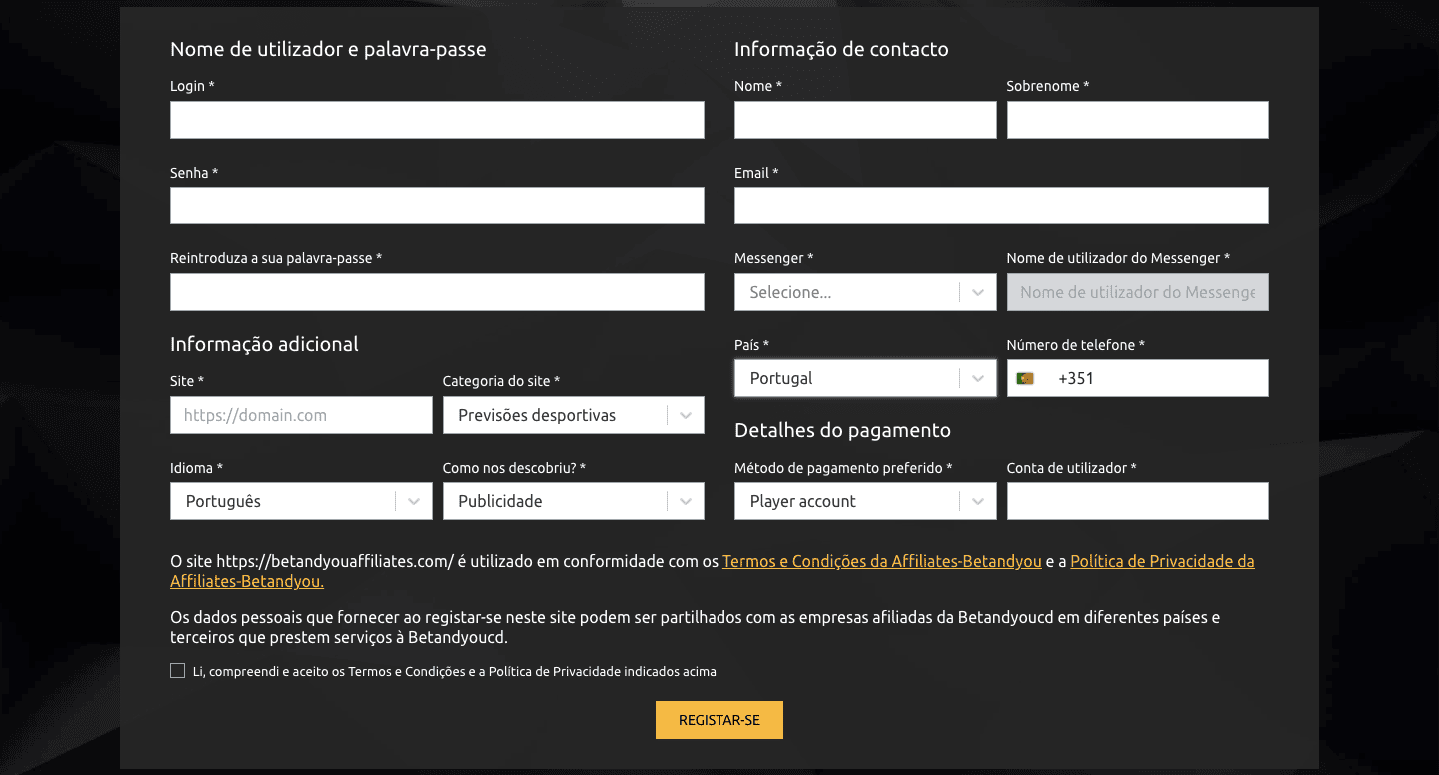 Registro em Betandyou partners